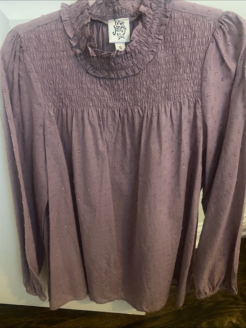 ivy jane mauve textured smocked ruffle neck blouse